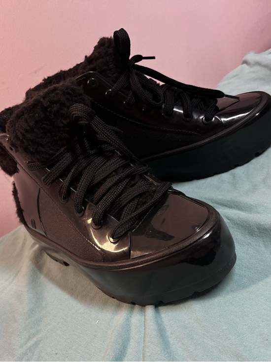 Melissa Black Patent Fluffy Collar Platform Sneaker - Picture 11 of 11